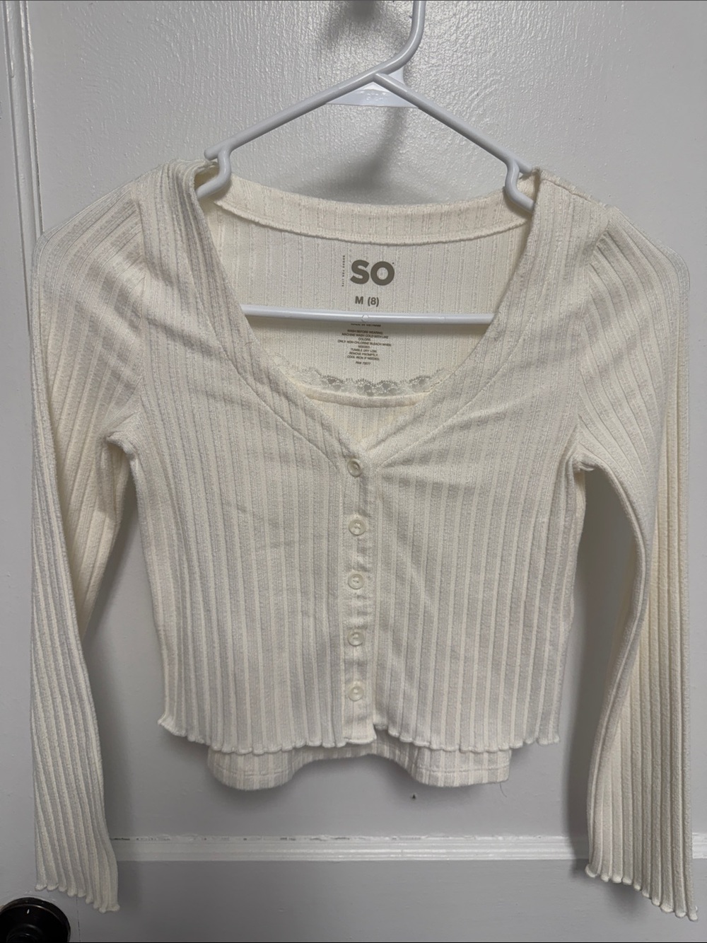SO Cream Ribbed Button-Up Scoop Neck Long Sleeve Top